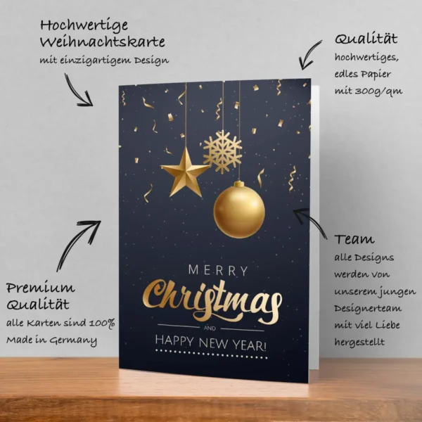 1 edle Weihnachtskarte 12x18cm Klappkarte goldene Kugel / Stern – Bild 6