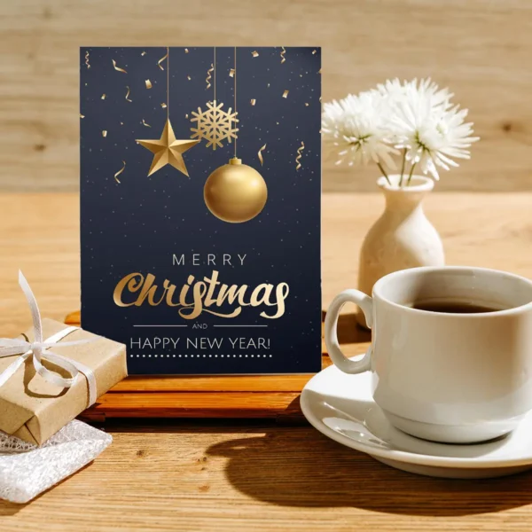 1 edle Weihnachtskarte 12x18cm Klappkarte goldene Kugel / Stern – Bild 5
