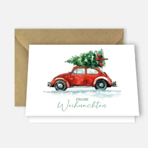 1 Weihnachtskarte - Klappkarte  10,5 x 14,8cm - rotes Auto mit Tanne