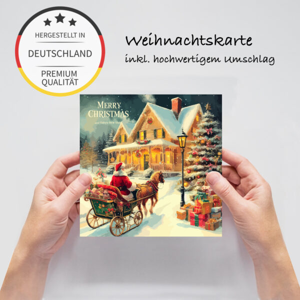 1 Weihnachtskarte mit Retromotiv weihnachtsmann mit Kutsche  14,8x14,8cm – Bild 2