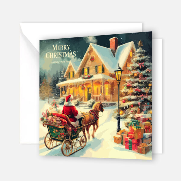 1 Weihnachtskarte mit Retromotiv weihnachtsmann mit Kutsche  14,8x14,8cm