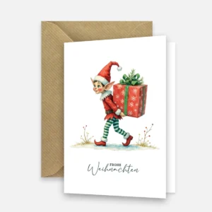 Bezaubernde Weihnachtskarte 10,5x14,8cm - Wichtel mit Geschenk