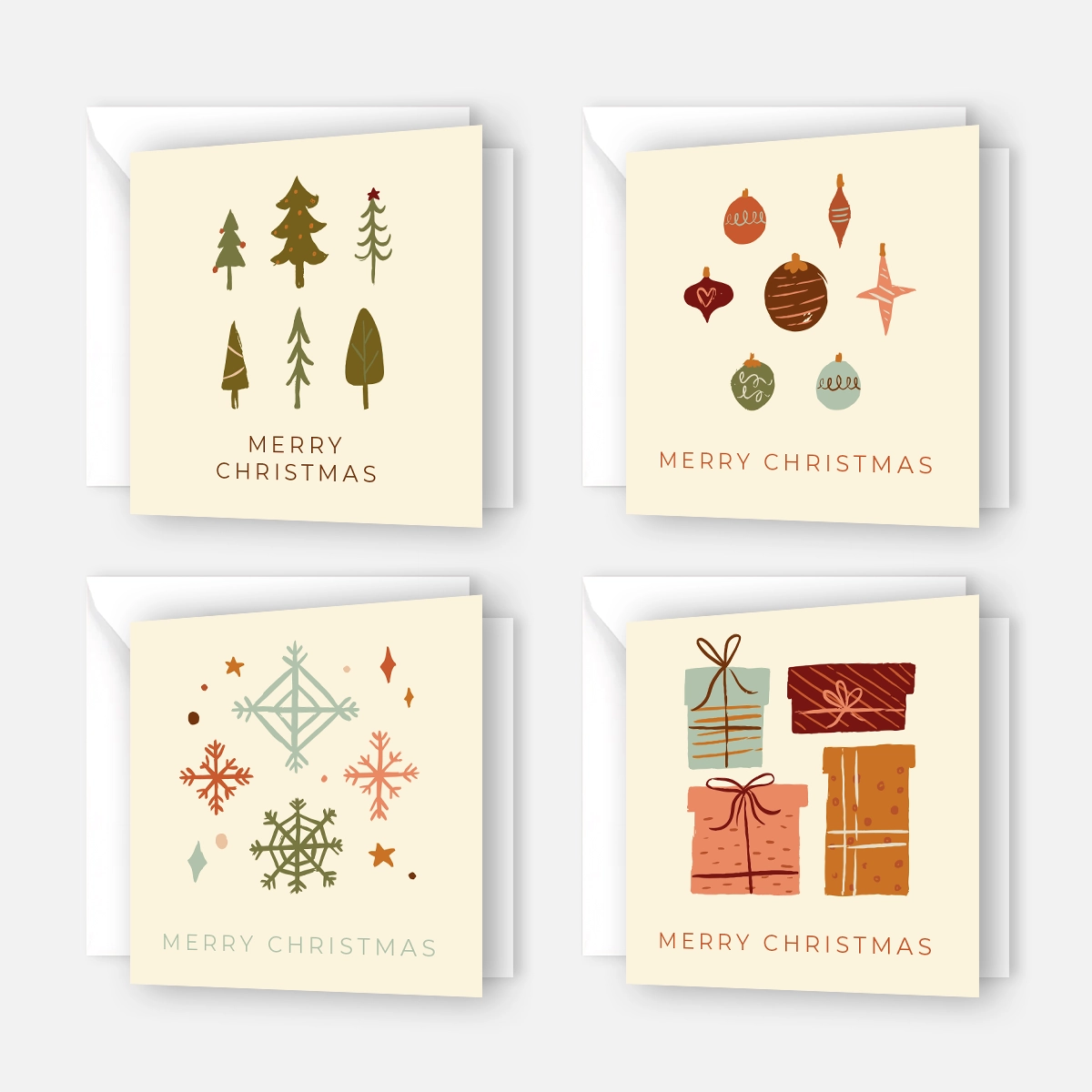 4 einzigartige Weihnachtskarten 14,8x14,8cm - Klappkarten- Cremedesign