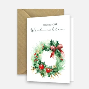 1 Weihnachtskarte mit Aquarellmotiv Weihnachtskranz 10,5x14,8cm - Klappkarte