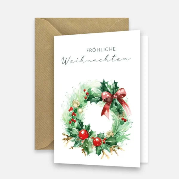 1 Weihnachtskarte mit Aquarellmotiv Weihnachtskranz 10,5x14,8cm - Klappkarte