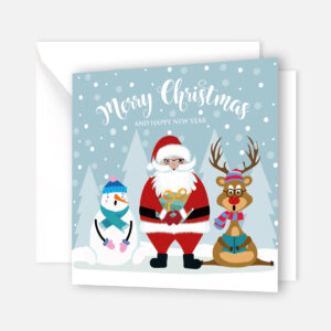 1 bezaubernde Weihnachtskarte 14,8x14,8cm - Motiv Weihnachtsmann, Schneemann, Elch