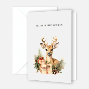 1 Weihnachtskarte 10,5x14,8cm - Motiv Reh mit Geschenke