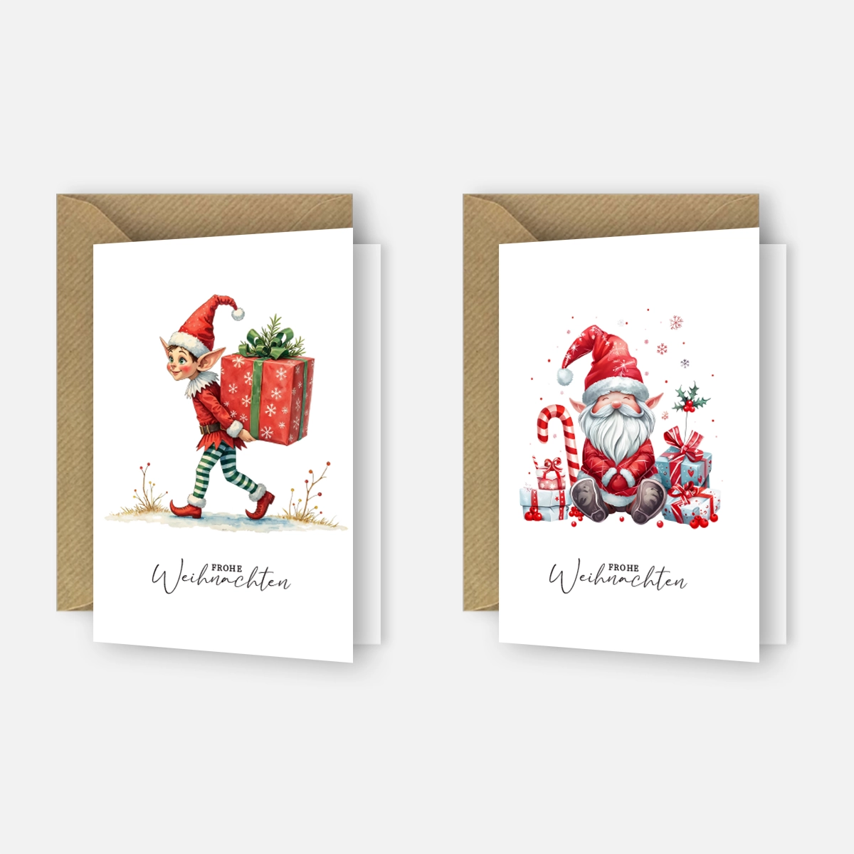 2 bezaubernde Weihnachtskarten Aquarell Wichtelmotiv - 10,5x14,8cm